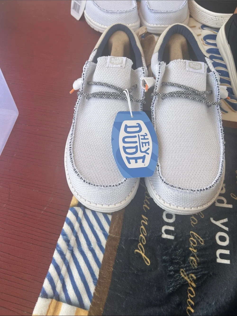 Hey Dude Kids White Knit Slip-On Sneakers with Gray Laces